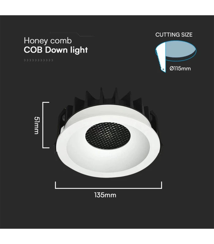 24W Blændfri RA90 CCT Downlight Ø135mm - 3 lyskulører, hvid front, Hul: Ø115mm, Honeycomb