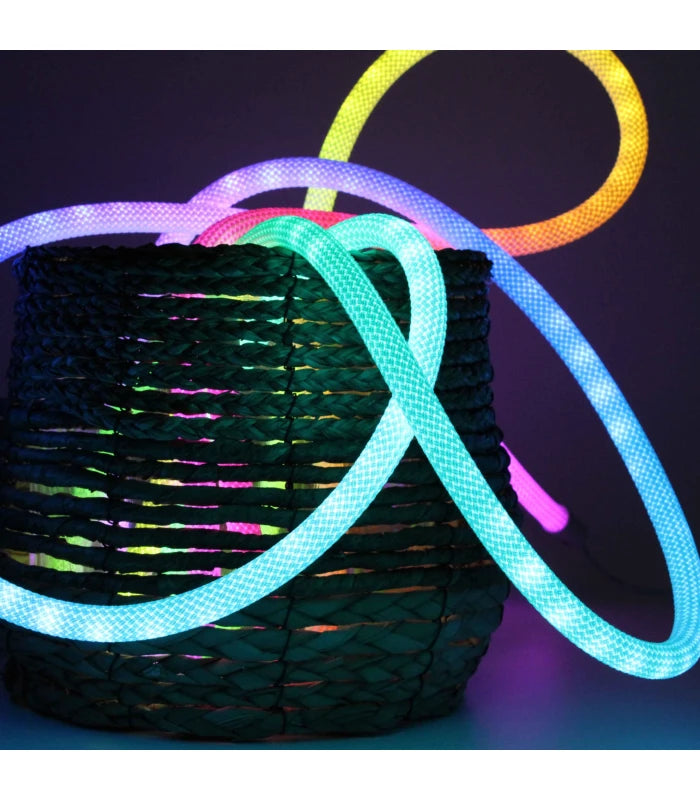 5m RGBIC Neon flex slange, komplet sæt - Vævet reb, Bluetooth App, fjernbetjening, USB