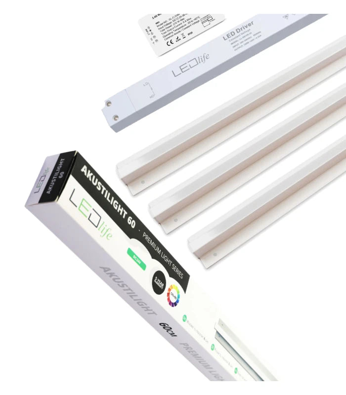 Troldtekt LED Zigbee Skinnesæt 3x60 cm - CCT, Planforsænket, Akustilight inkl. ledninger og driver