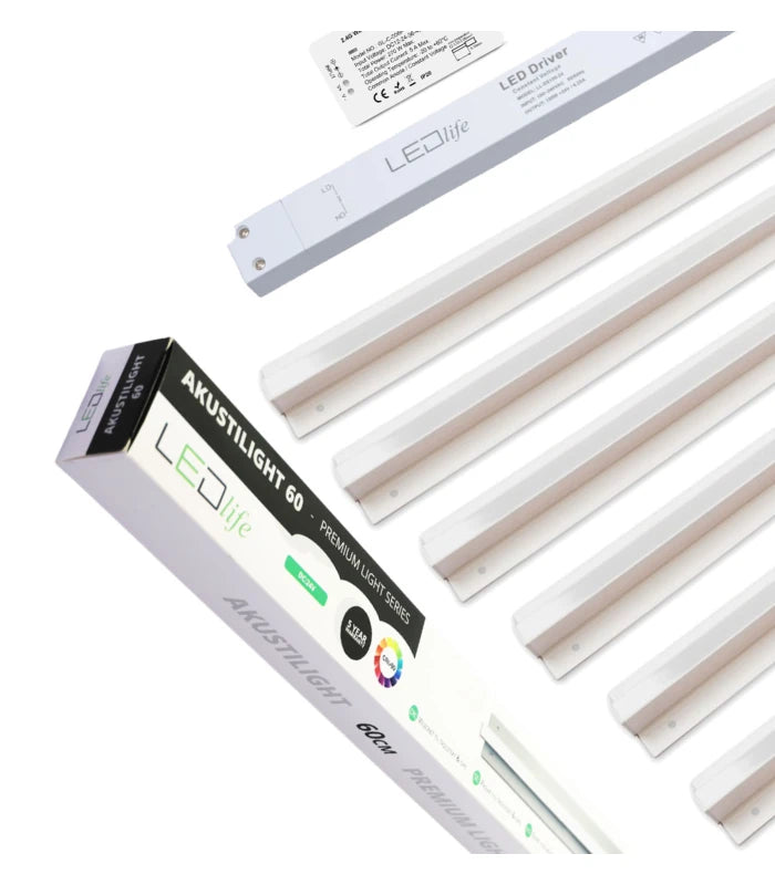 Troldtekt LED Zigbee Skinnesæt 6x60 cm - CCT, Planforsænket, Akustilight inkl. ledninger og driver