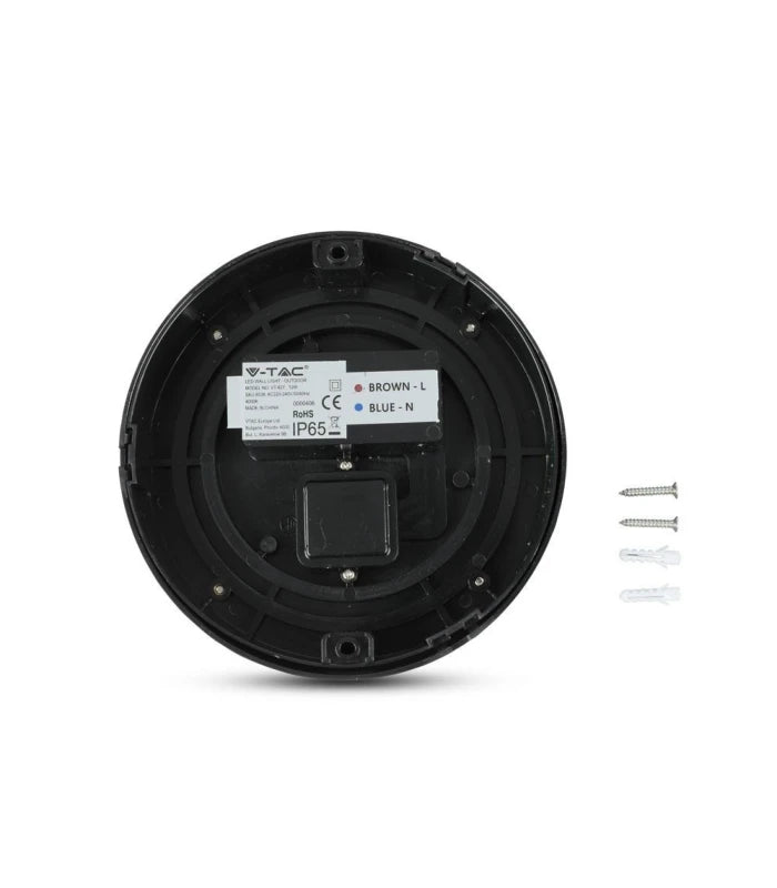 V-Tac 12W LED sort væglampe - Rund, IP65 udendørs, 230V, inkl. lyskilde