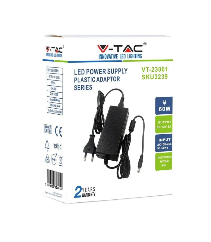 V-Tac 60W strømforsyning til LED strips - 12V DC, 5A, IP44 vådrum