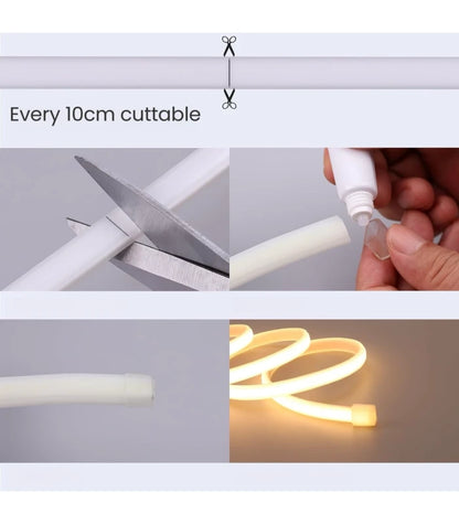 5 m. vandtæt Rød Neon COB strip - 230V, IP67, 288 LED, 11,5W/m, kan klippes for hver 10cm