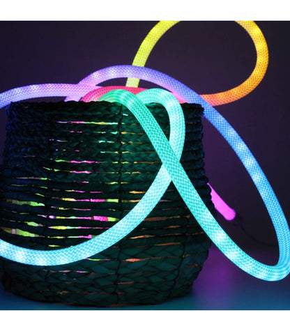 5m RGBIC Neon flex slange, komplet sæt - Vævet reb, Bluetooth App, fjernbetjening, USB